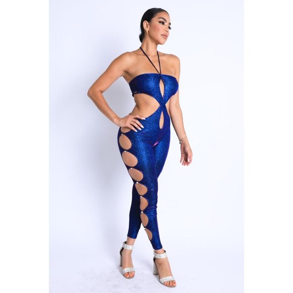 Women's Sleeveless Glittery Cutout Halter Neck Keyhole Sexy Party Jumpsuit - Picture 3 of 10